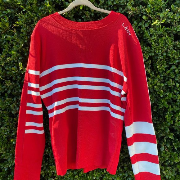 Designer Red and White Striped Pullover Sweater - Picture 2 of 3
